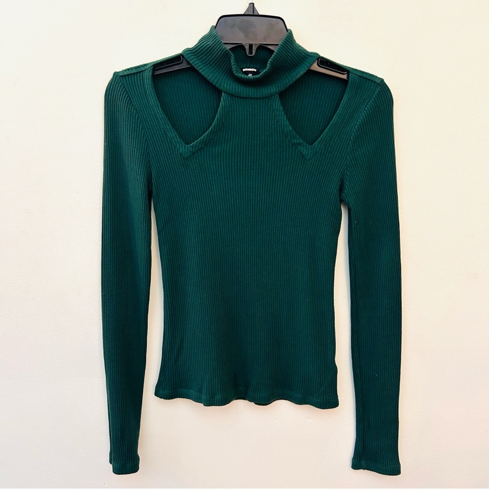 Monrow ribbed cutout green mock turtleneck top size XS